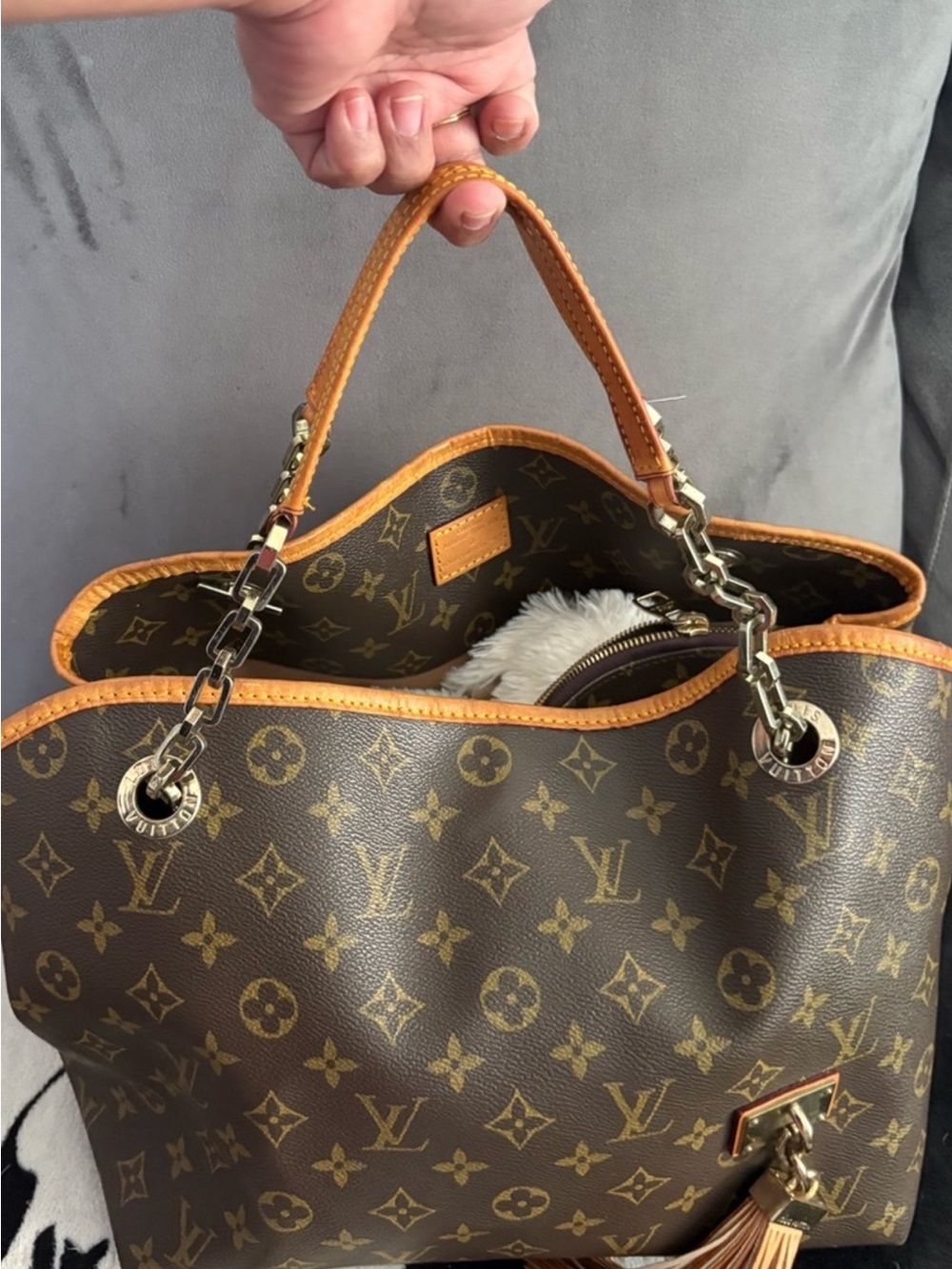 Designer Monogram Tote in Brown and Tan with Chain-Detail Handles
